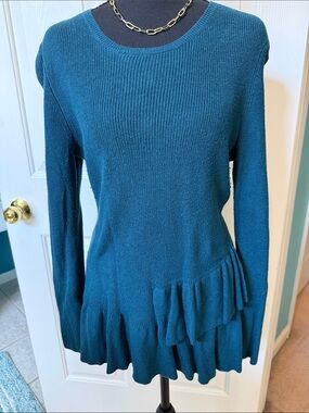 Daisy Fuentes Teal Long-Sleeve Ruffle Hem Knit Sweater